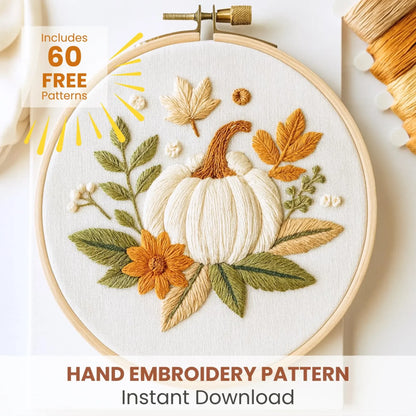 White Pumpkin Embroidery Pattern (PDF Download) | Beginner-Friendly Hand Embroidery Template + Bonus 60 Designs | Instant Digital Download