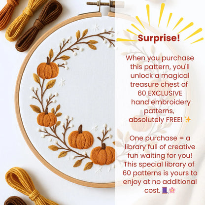 Pumpkins Wreath Hand Embroidery Pattern: Autumn Witchy Design (DIY PDF) + 60 FREE Patterns