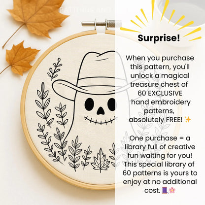 Retro Cowboy Ghost Hand Embroidery, Autumn crafts, Cute Ghost Pattern, Halloween Pattern, Cowboy Pattern, Hand Embroidery, Halloween decor