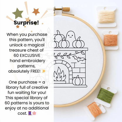 Halloween Fireplace Hand Embroidery Pattern: Ghost, Pumpkin, Bats (PDF)