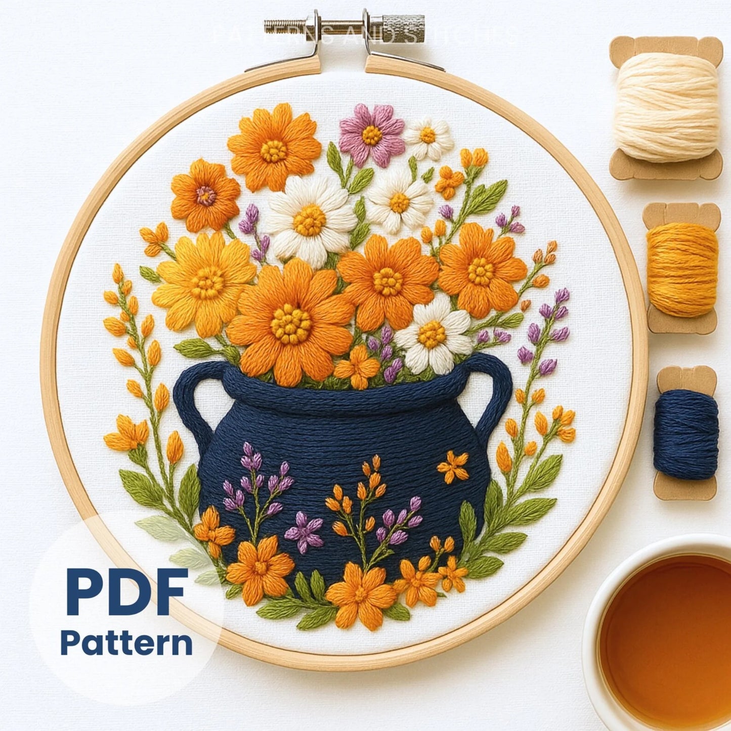 Witch Cauldron Hand Embroidery Pattern, Floral Hand Embroidery Design, Autumn Hand Embroidery Sampler, Witch cauldron design, Autumn Pattern
