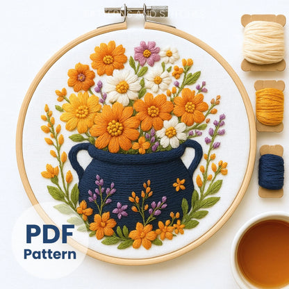 Witch Cauldron Hand Embroidery Pattern, Floral Hand Embroidery Design, Autumn Hand Embroidery Sampler, Witch cauldron design, Autumn Pattern