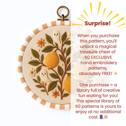 Lemon Branch Embroidery Pattern with Ghosts: Citrus Floral Design (PDF Download