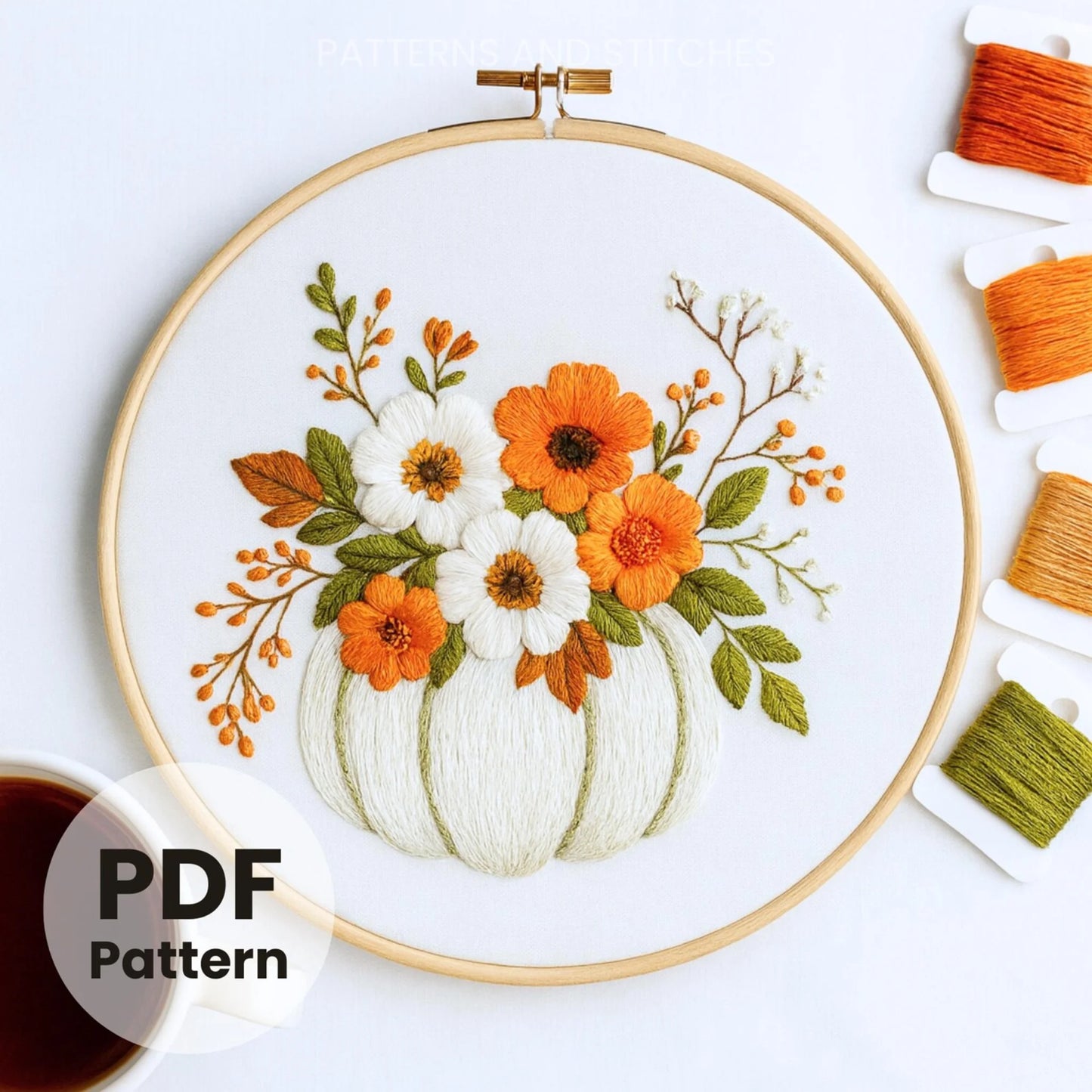 White Pumpkin Hand Embroidery, Cozy Crafts, Adult Crafts For Fall, pumpkin craft, PDF Embroidery Pattern, Halloween Pattern For Embroidery