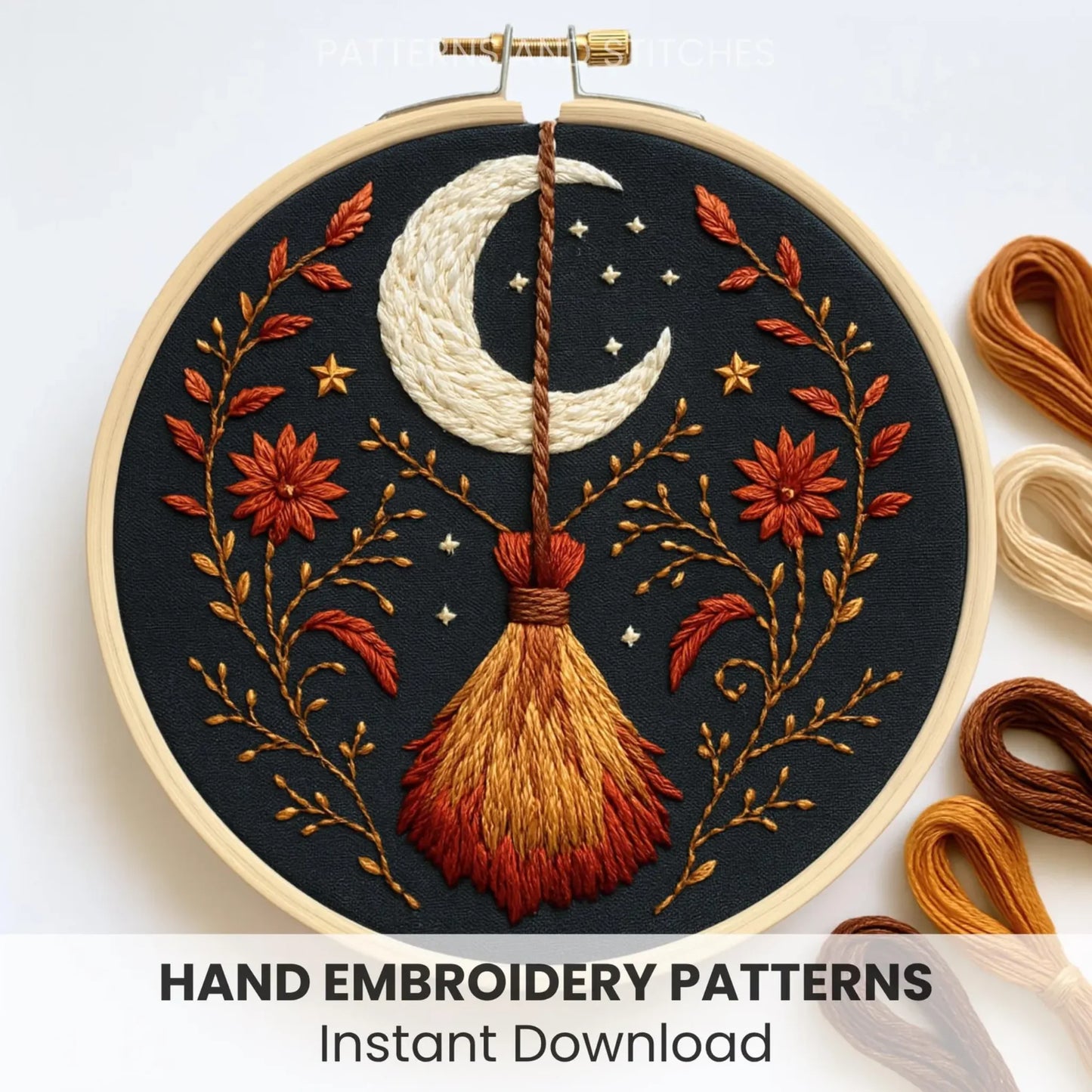 Witch Broom and Moon, Hand Embroidery Pattern, Witchy Embroidery Pattern, Halloween crafts, Embroidery Pattern PDF pattern, Digital Download