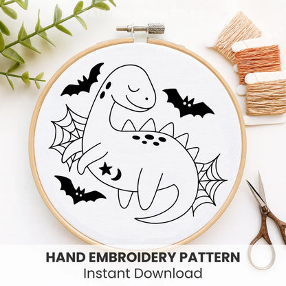 Brontosaurus embroidery pattern PDF, spooky bats and webs, beginner hoop art, digital design, kids wall decor, fall holiday dinosaur motif