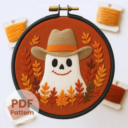 Retro Cowboy Ghost Hand Embroidery, Autumn crafts, Cute Ghost Pattern, Halloween Pattern, Cowboy Pattern, Hand Embroidery, Halloween decor
