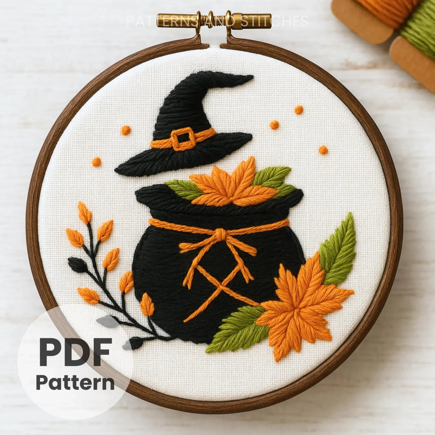 Witch cauldron Embroidery, Hand Embroidery, Embroidery Art, halloween decor, fall decor, Floral Cauldron, Autumn crafts, Halloween Pattern