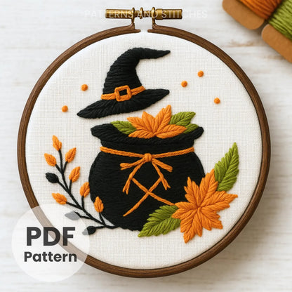 Witch cauldron Embroidery, Hand Embroidery, Embroidery Art, halloween decor, fall decor, Floral Cauldron, Autumn crafts, Halloween Pattern