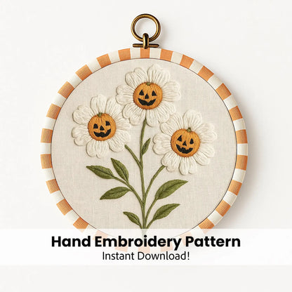 Jack O' Lantern Daisies Embroidery Pattern: Playful Halloween Needlework (PDF Pattern)
