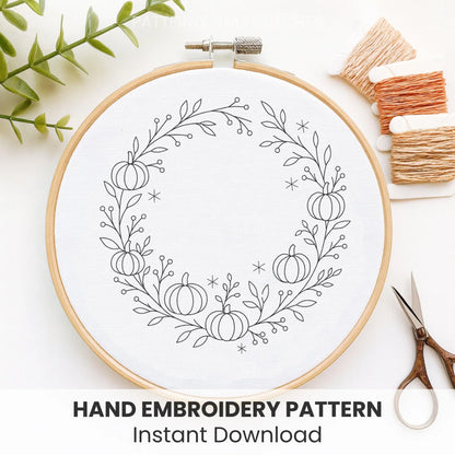 Pumpkins Wreath Hand Embroidery Pattern: Autumn Witchy Design (DIY PDF) + 60 FREE Patterns
