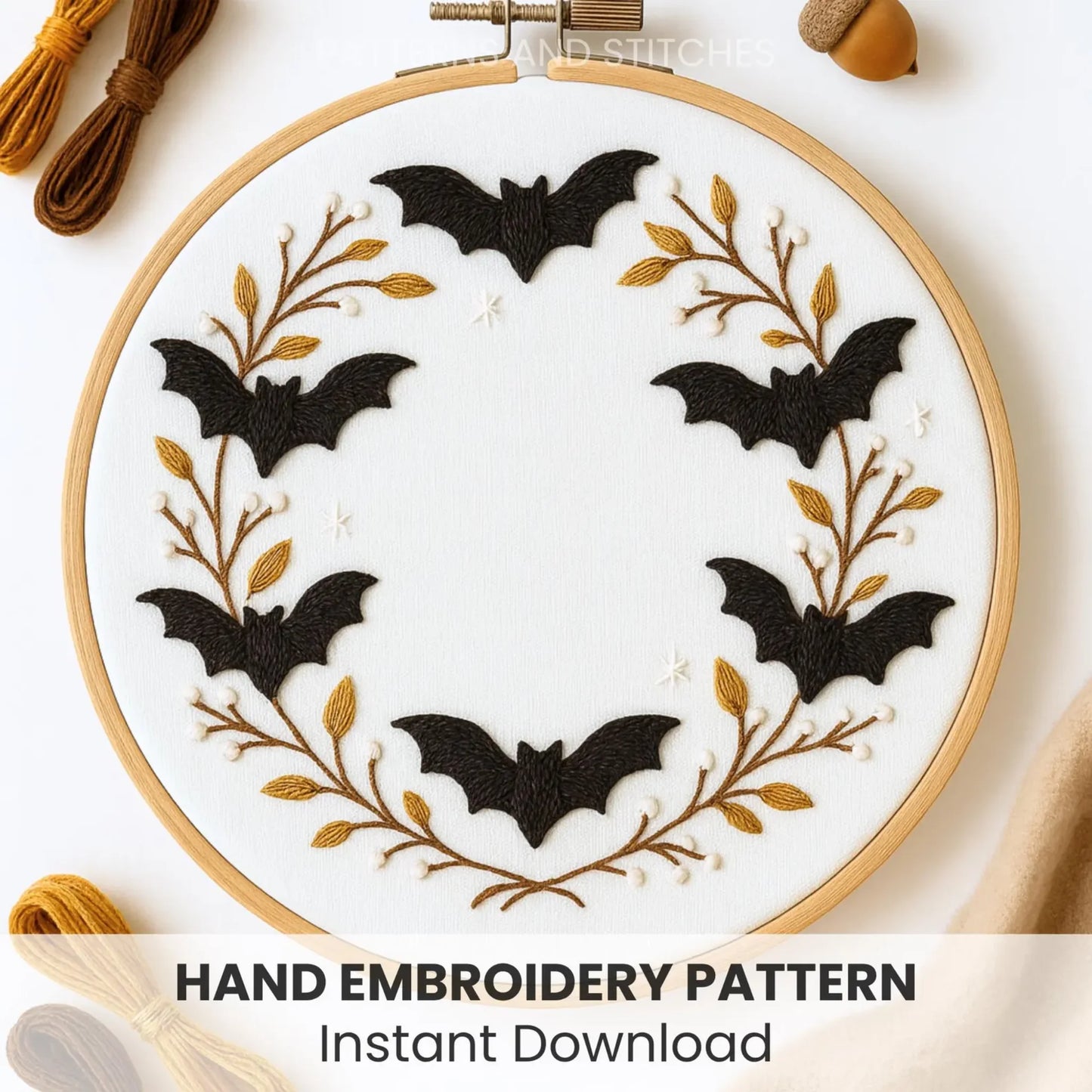 Bats Wreath Hand Embroidery Pattern: Halloween Witchy Design (PDF Pattern)