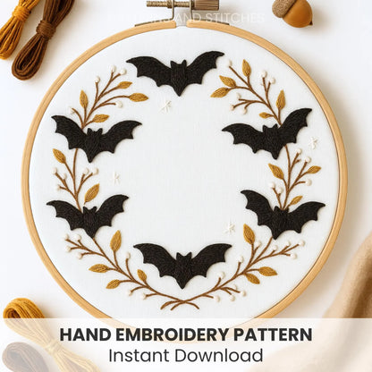 Bats Wreath Hand Embroidery Pattern: Halloween Witchy Design (PDF Pattern)